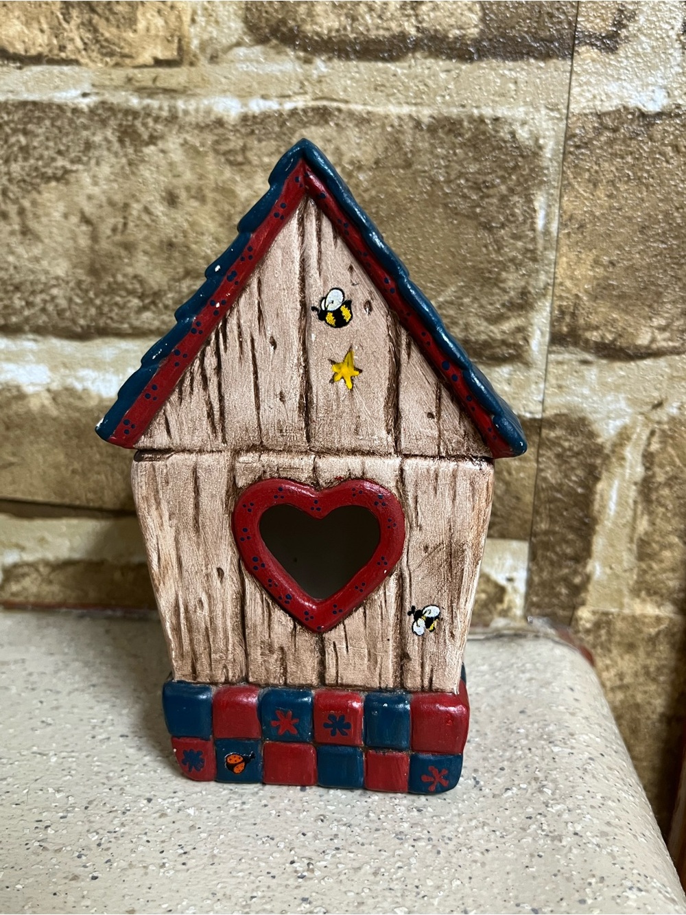 Small Vintage Folk Art Wooden Birdhouse Bee Figurine Signed 1999